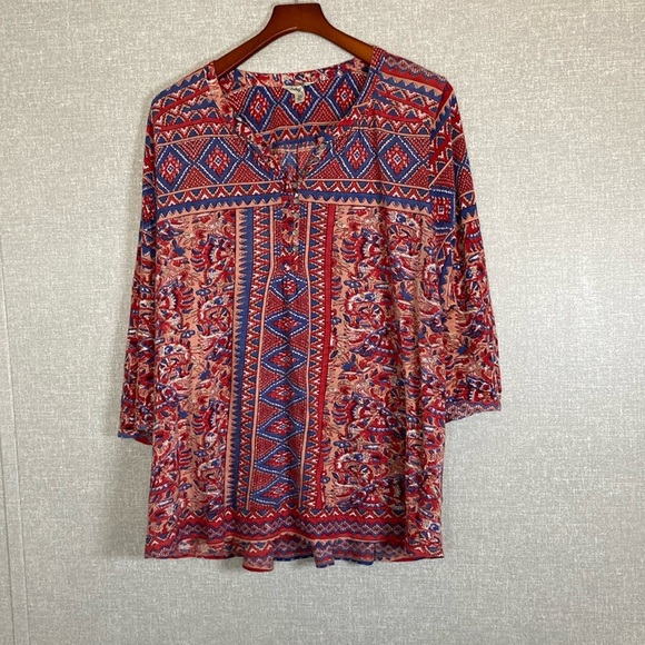 Lucky Brand Red & Blue Boho Style Pop Over Top - Picture 1 of 5